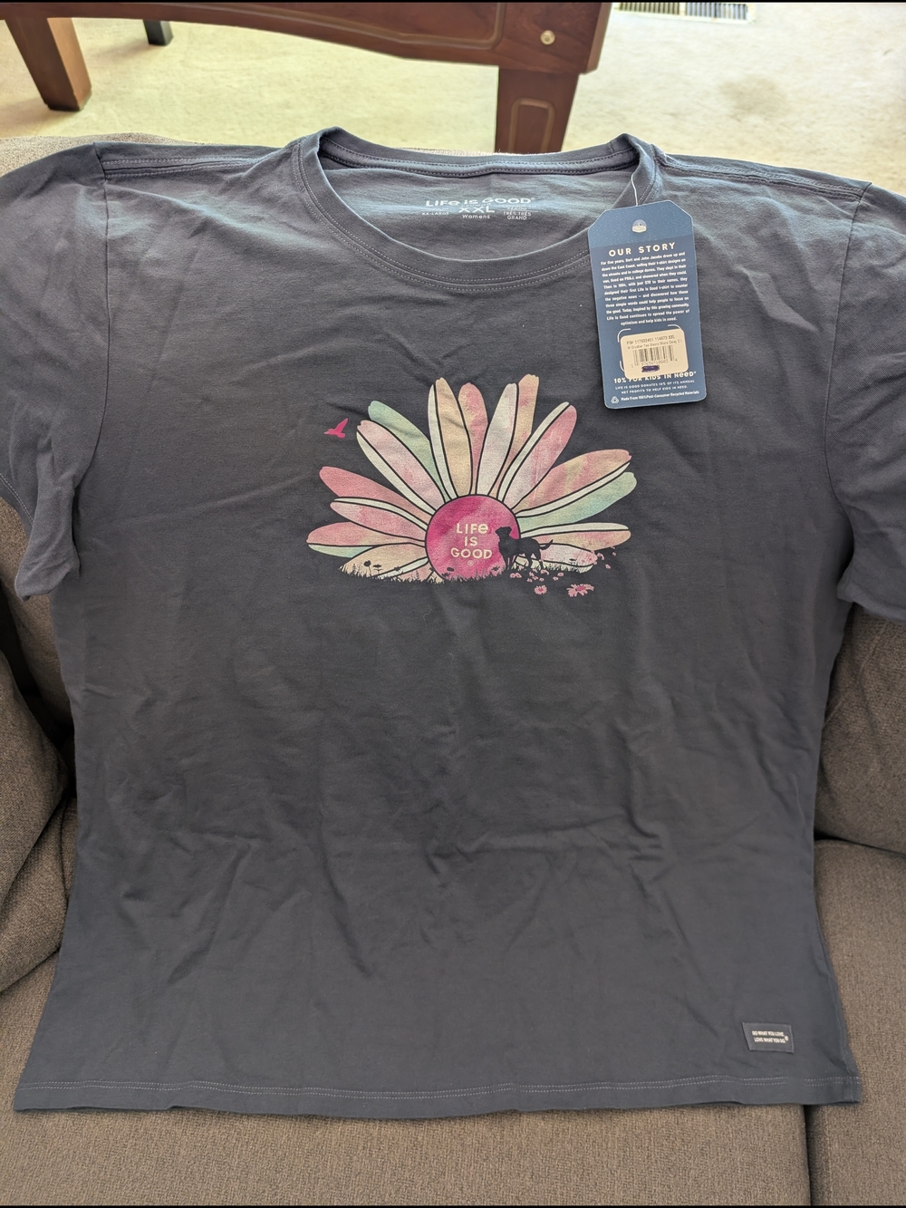 Life Is Good Charcoal Short Sleeve Tee with Pastel Daisy Graphic